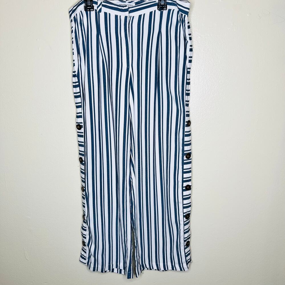 Waverly Grey Pants w Pockets 10 Blue White Stripe Wide Leg Casual Cropped Rayon - Picture 2 of 10